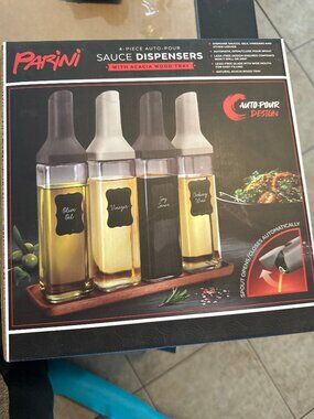 Parini 4-Piece Auto-Pour Sauce Dispenser Set with Acacia Wood Tray